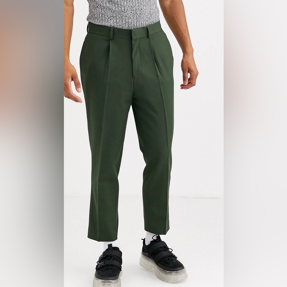ASOS DESIGN tapered crop smart pants with pleats in ivy green (30x32)